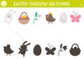 Easter shadow matching activity for children. Fun spring puzzle with cute holiday symbols. Educational game for kids with eggs