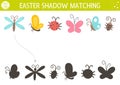 Easter shadow matching activity for children. Fun spring puzzle with cute insects. Holiday celebration educational game for kids.