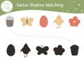 Easter shadow matching activity for children. Preschool Christian holiday puzzle. Cute spring educational riddle. Find the correct