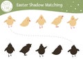 Easter shadow matching activity for children. Preschool Christian holiday puzzle. Cute spring educational riddle. Find the correct