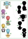 Easter shadow matching activity with traditional characters flying on hot air balloons. Spring holiday shape recognition puzzle