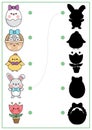 Easter shadow matching activity with traditional characters. Spring holiday shape recognition puzzle with cute kawaii animals.