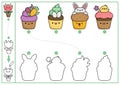 Easter shape matching, coloring and drawing activity. Spring holiday puzzle with cute kawaii cupcakes. Find correct silhouette