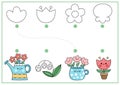 Easter shape recognition activity. Spring holiday matching puzzle with cute kawaii flowers. Find correct silhouette printable