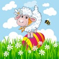 Easter sheep and bee with colored egg. Easter card set