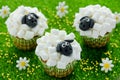 Easter sheep cupcakes on green grass background, homemade cakes shaped funny sheeps with marshmallow