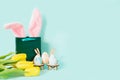 Easter shopping concept. Green paper bag and colorful eggs in a grocery basket. Place for text, advertising Royalty Free Stock Photo