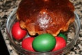 Easter side view and colorful eggs. Ukrainian traditional pastries