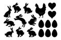 Easter Silhouette Set Rabbits, Chicken, Eggs. Hand drawn abstract animals. Graphic elements collection. Design icon for