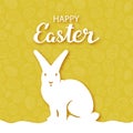 Easter simple postcard. The outlines of a hare on a gold background with a pattern of eggs. With congratulatory inscription.