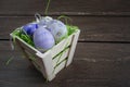 Easter small basket with colored eggs on grey wooden board. Royalty Free Stock Photo