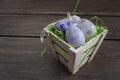 Easter small basket with colored eggs on grey wooden board. Royalty Free Stock Photo