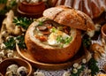 Easter soup, The sour soup ÃÂ»urek made of rye flour with smoked sausage and eggs served in bread bowl. Royalty Free Stock Photo