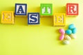 Easter spelled with colorful alphabet blocks Royalty Free Stock Photo