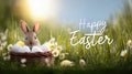 Easter spring background with grass flowers eggs basket and cute bunny in sunlight festive design. Royalty Free Stock Photo