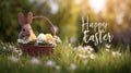 Easter spring background with grass flowers eggs basket and cute bunny in sunlight festive design. Royalty Free Stock Photo