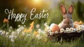 Easter spring background with grass flowers eggs basket and cute bunny in sunlight festive design. Royalty Free Stock Photo