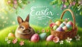 Easter spring background with grass flowers eggs basket and cute bunny in sunlight festive design. Royalty Free Stock Photo