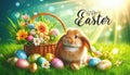 Easter spring background with grass flowers eggs basket and cute bunny in sunlight festive design. Royalty Free Stock Photo