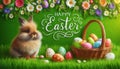 Easter spring background with grass flowers eggs basket and cute bunny in sunlight festive design. Royalty Free Stock Photo