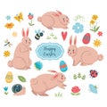 Easter spring collection of bunnies and cute elements isolated on white background. Vector graphics Royalty Free Stock Photo