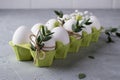 Easter spring decorative composition with easter white chicken raw eggs in green carton box Decorated with eucalyptus