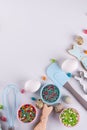 Easter spring decorative composition. Making homemade sugar cookies. Biscuit in the shape of a funny rabbit , tools necessary Royalty Free Stock Photo