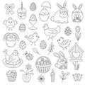 Easter spring doodle set. Happy Easter line icons. Cute items for coloring book Royalty Free Stock Photo