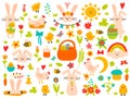 Easter spring elements. Eggs, rabbit, flowers and chickens, cute easter theme symbols. Holiday easter icons cartoon Royalty Free Stock Photo