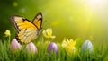 Easter spring flower background featuring fresh greenery and yellow butterfly Royalty Free Stock Photo