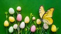 Easter spring flower background featuring fresh greenery and yellow butterfly Royalty Free Stock Photo