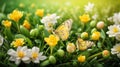 Easter spring flower background fresh flower and yellow butterfly on green grass background Royalty Free Stock Photo