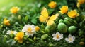 Easter spring flower background fresh flower and yellow butterfly on green grass background Royalty Free Stock Photo