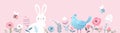 Easter spring horizontal banner with bee, flowers, plants, cute bunny, bird in pastel colors.