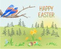 Easter Spring Landscape Forest And Birds Bluebirds And Easter Eggs In The Grass With Narcissus Vintage Vector Illustration Editabl