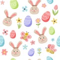 Easter spring pattern with cute bunny and decorated eggs. Hand drawn flat cartoon elements. Vector illustration Royalty Free Stock Photo