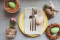 Easter and spring preparations. Festive table setting with Hyacinth and eggs, top view