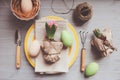 Easter and spring preparations. Hyacinth, eggs and garden tools on table, top view