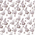 Easter spring rabbit vintage sepia seamless pattern