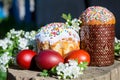 Easter spring russian cake and eggs in the garden