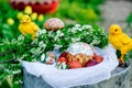 Easter spring russian cake and eggs in the garden