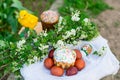 Easter spring russian cake and eggs in the garden