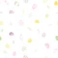 Easter spring seamless gentle vector pattern with flowers, bunnies, and easter eggs over white background. Easter holiday decor