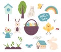 Easter spring set. cute animals, butterflies. Hand drawn flat cartoon elements. Vector illustration nature festival