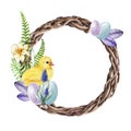 Easter springtime floral wreath with chick and flowers. Watercolor hand drawn illustration. Vine wreath with spring