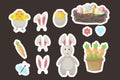 Easter stickers gift tags vector labels with cute cartoon characters spring greetings with bunny, chickens, eggs and