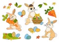 Easter stickers set with rabbits, Easter eggs, flowers, carrots isolated on white background. Wild animals and seasons Royalty Free Stock Photo