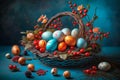 Easter still life. Basket with colored eggs, flowers and red berries on a turquoise background