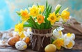 Easter still life with bouquet of daffodils in vase from bark of wood and Easter egg