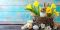 Easter still life with bouquet of daffodils in vase from bark of wood, Easter eggs and cute rabbit